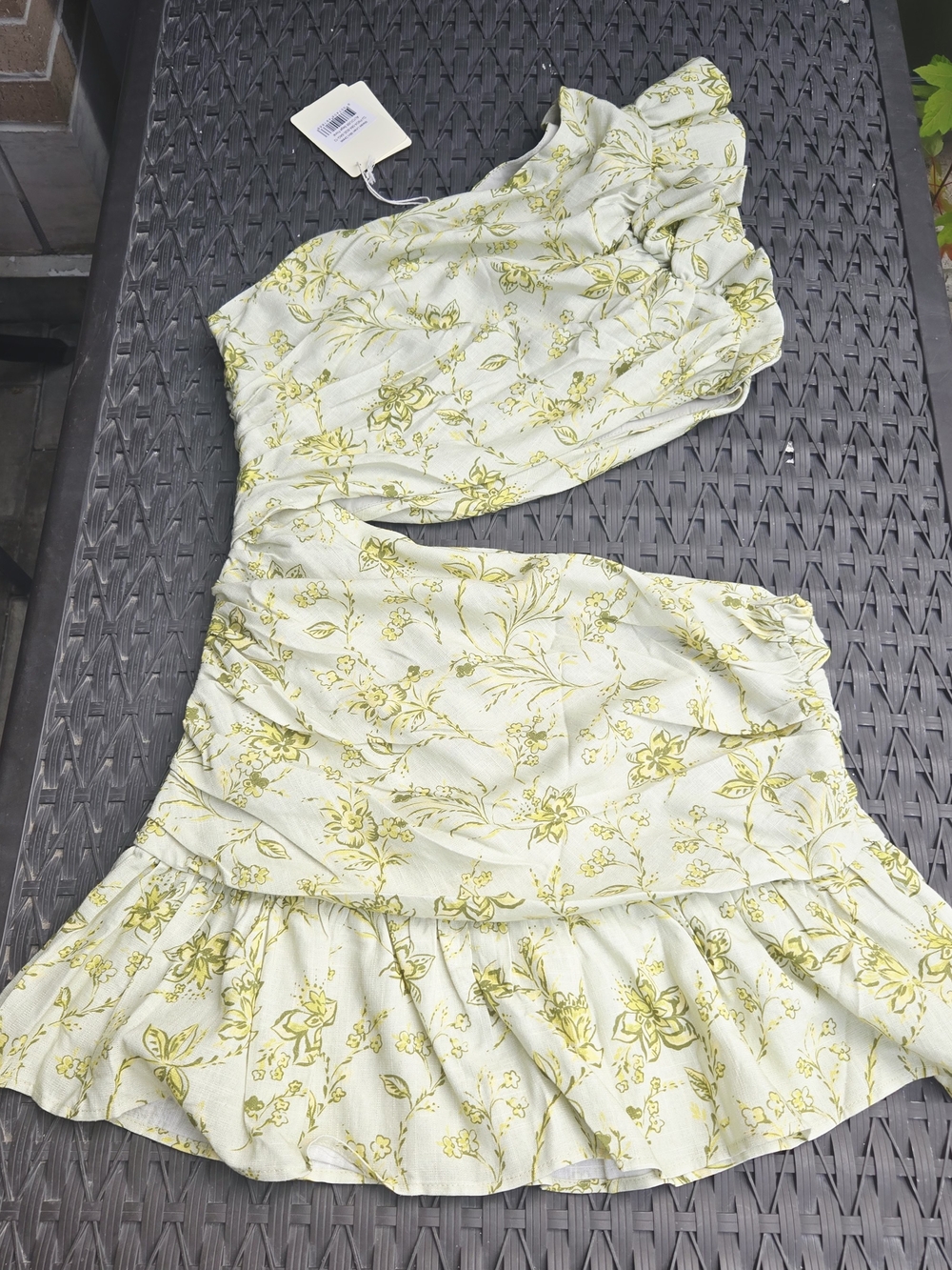 MAISIE Linen Mini Dress One-Shoulder Sage Floral Ruffle Size 8